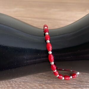 HAND CRAFTED RED CORAL & SILVER BEADED STRETCH BRACELET Dainty Bohemian Jewelry